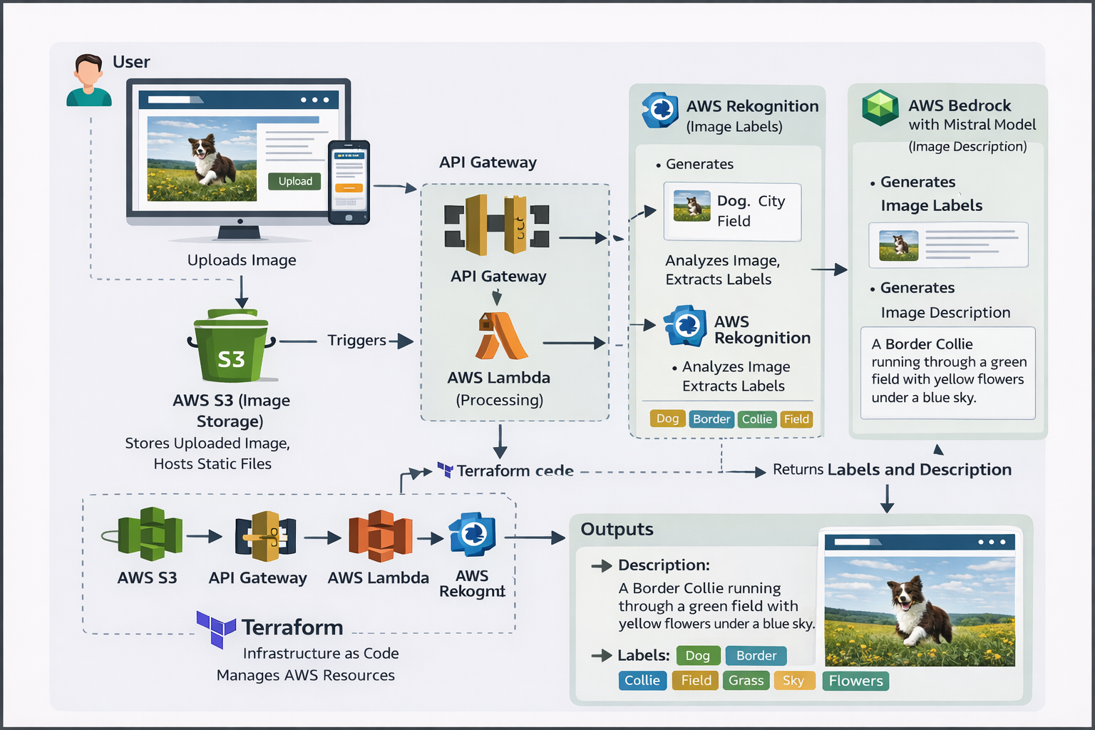 AI Powered Image Analyzer using Terraform, AWS Bedrock & Rekognition Architecture Diagram